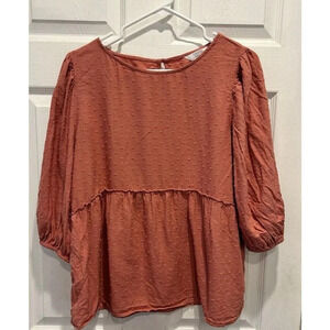 Time And Tru Womens L‎ 12-14 Pink 3/4 Sleeve Round Neck Peplum Textured Top